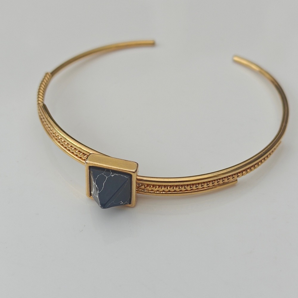 Gold Tone Square Black Marble Stone Pyramid Bracelet‎ Cuff Bangle Twisted Rope